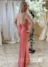 Page |Long Candy Pink Wedding Guest Dresses Near Me With Straps Mermaid Tie Back Cowl Neck - Price #price_variant_lowest# - Candy Pink - PromDressClub